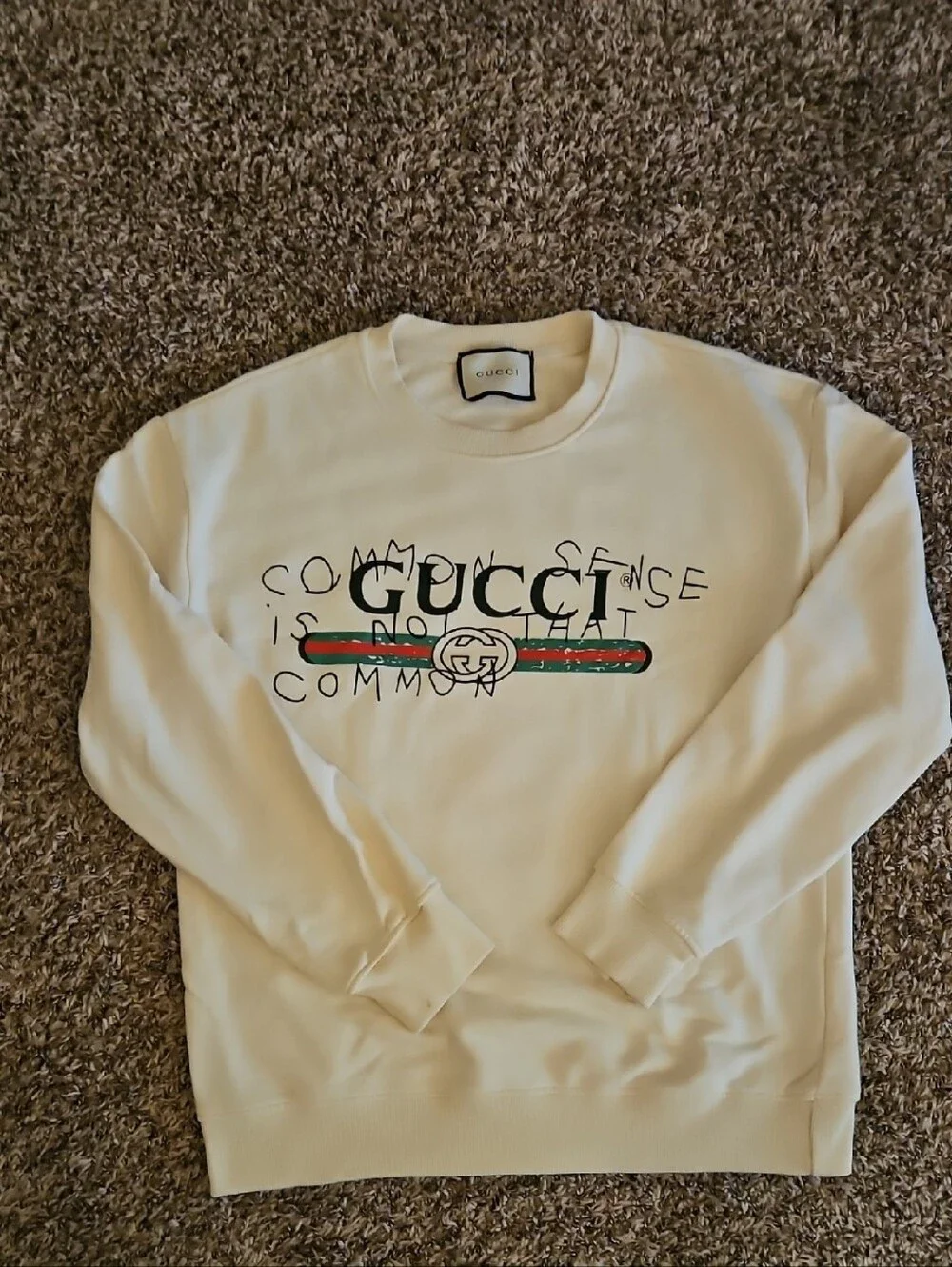 Gucci Cream Crewneck with Green and Red Web Stripe Graphic